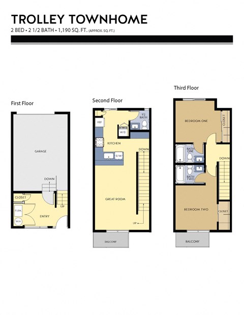 Floor plan for 2 beds, 1.5 baths, 1190 sqft